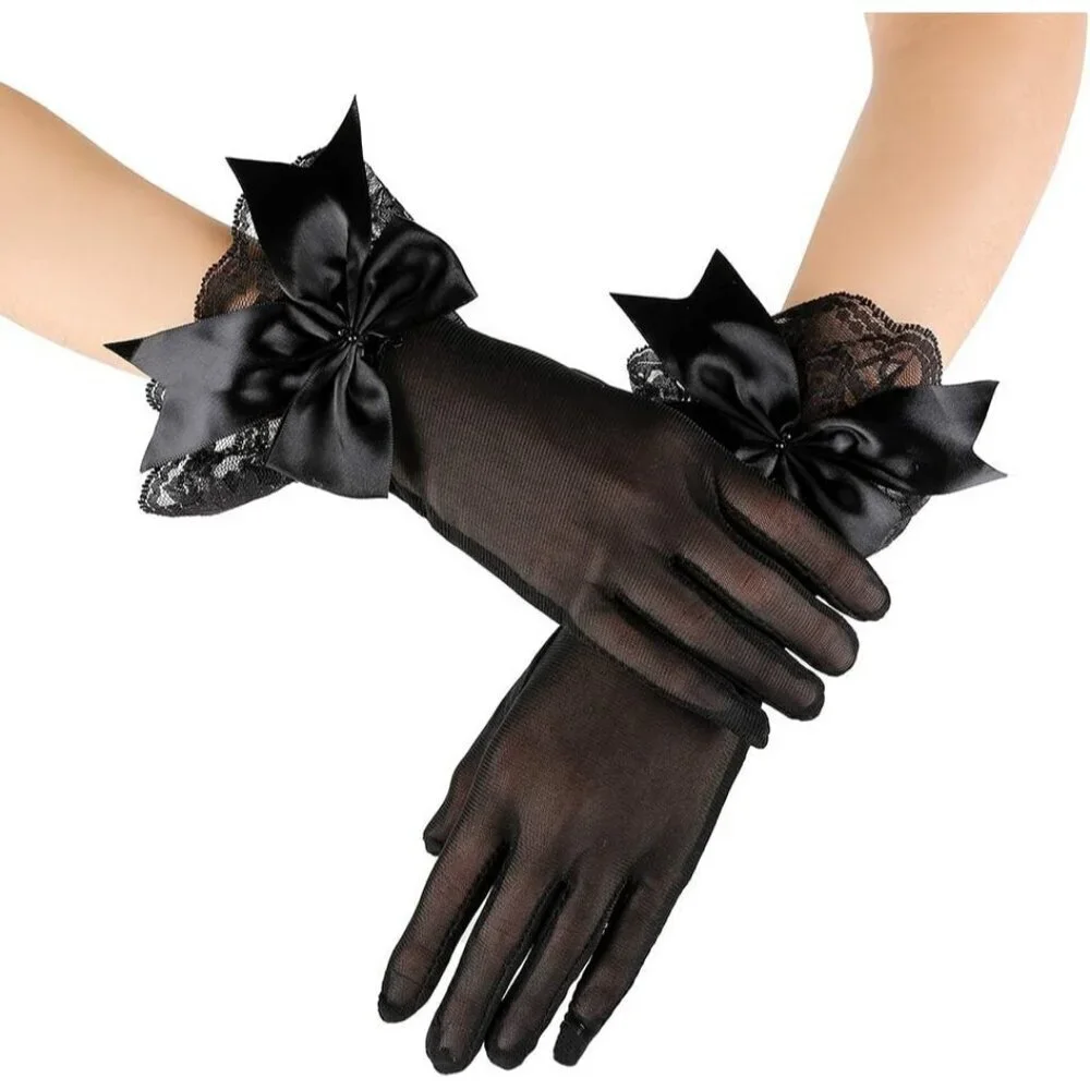 Women's Black Bow Lace Elegant Wrist Gloves Ruffle Bridal Wedding Party Prom